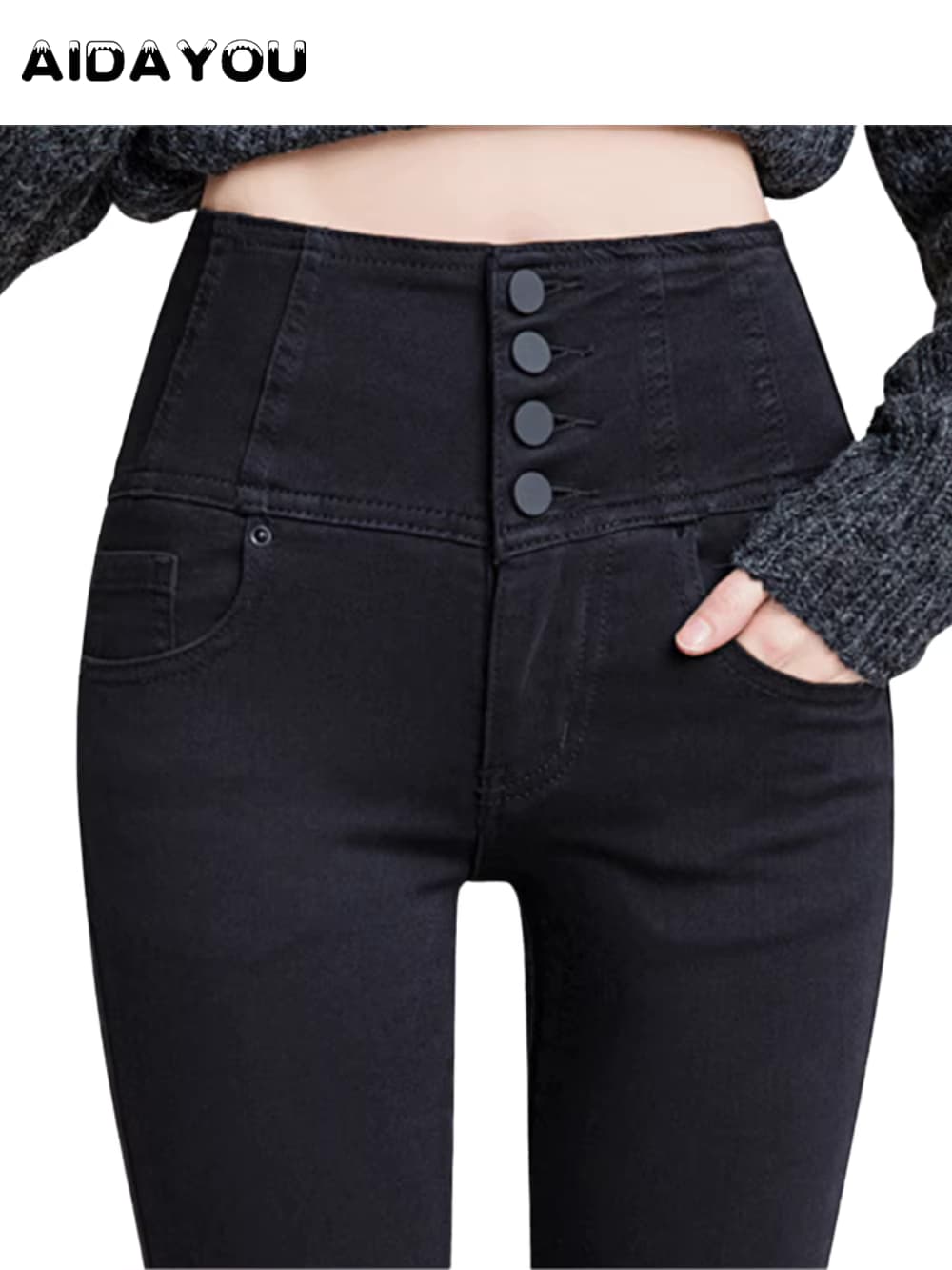 Jeans mit Knopfleiste und Hoher Taille für Damen, Bauchkontrolle, Stretch-Denim, Schwarz, Petite XS - 4XL, Anzughose mit Taschen