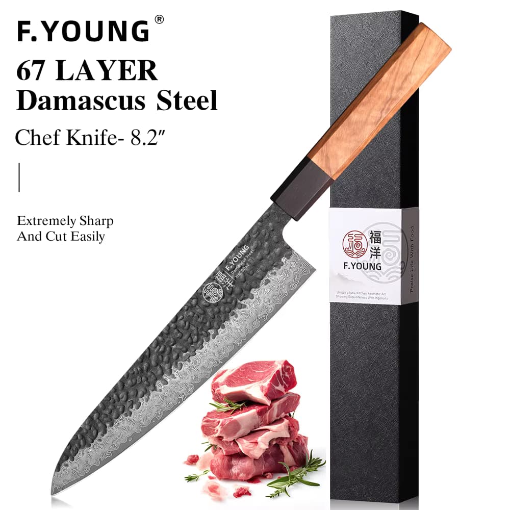 F.YOUNG 8,2 Zoll Japanisches Kochmesser aus 67-lagigem Damaszener Stahl, handgefertigt, professionelles Sashimi-Messer, scharfe Küchenwerkzeuge