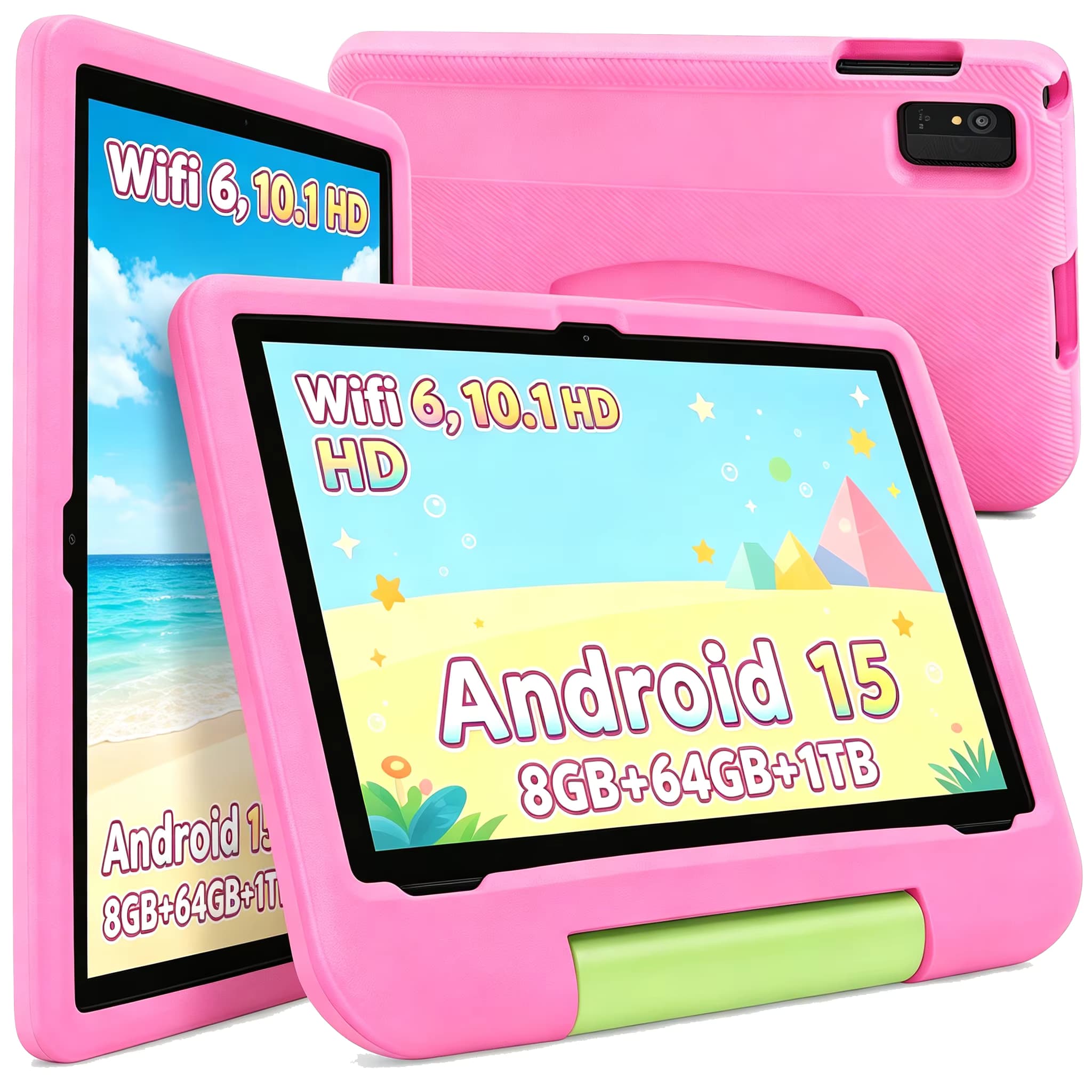 Kinder-Tablet 10,1 Zoll HD-Display Android 15 8GB RAM 64GB ROM WiFi6 5000mAh Sturzsichere Schutzhülle für Kinderlerngeräte
