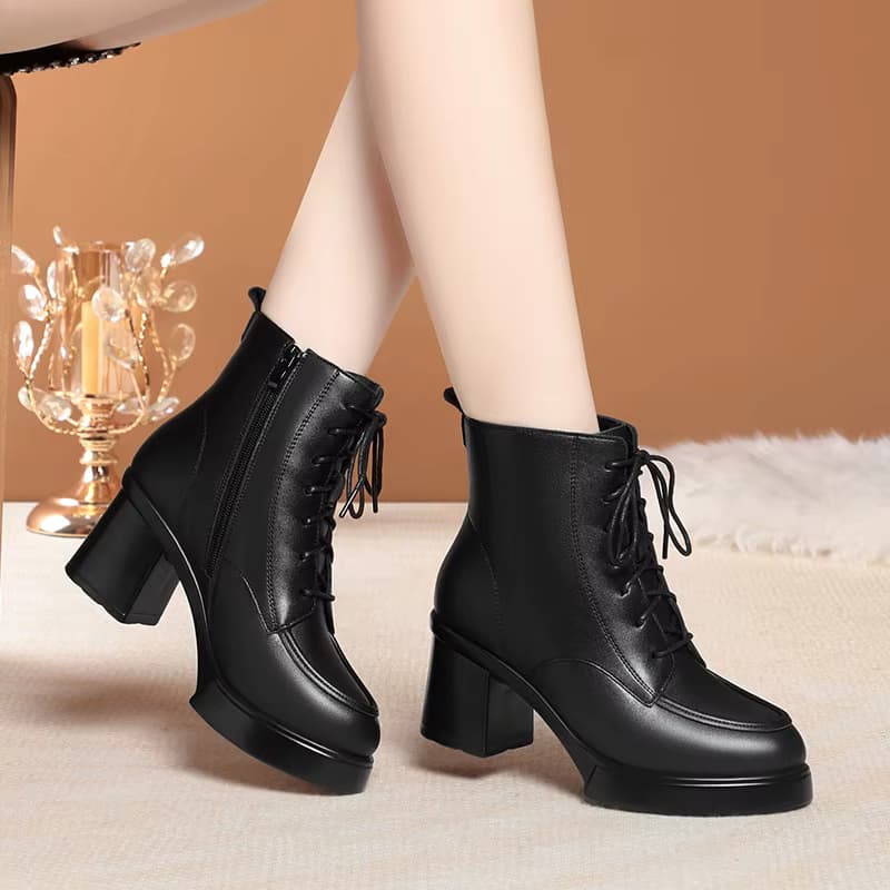 6,5cm Komfortable Elegante Damenschuhe Weiche Lederstiefel 2026 Herbst Winter Blockabsatz Warme Pelz-Knöchelstiefel Büro Arbeit Mutter