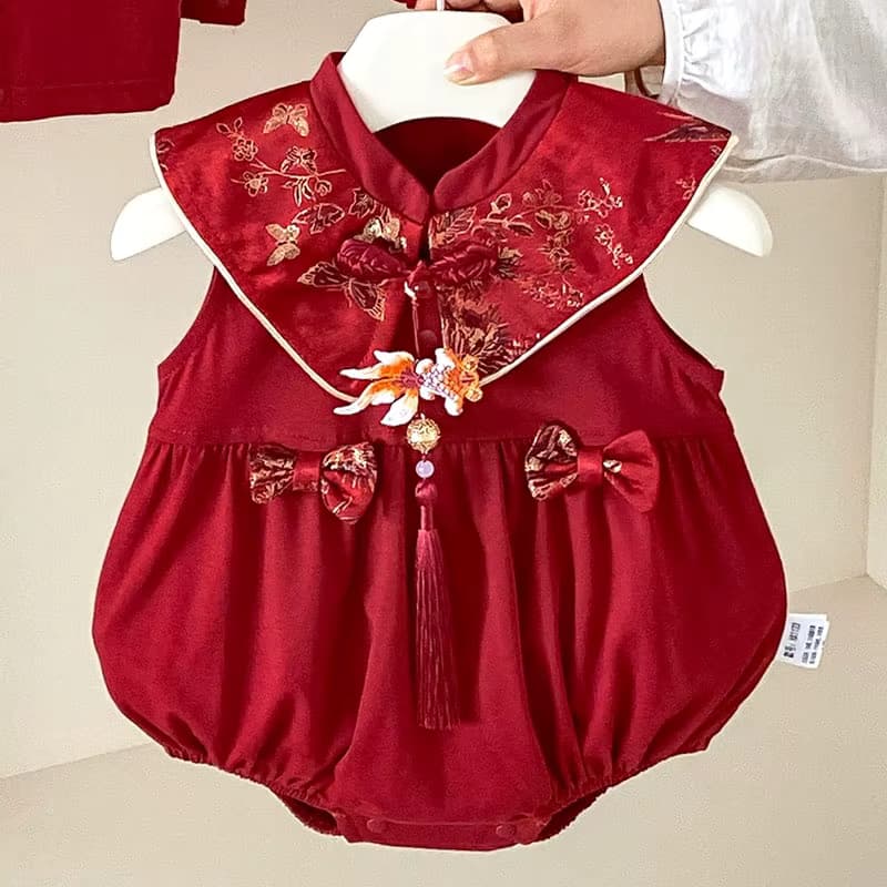 Sommer-Kleidung für Neugeborene Mädchen, Cartoon-Motiv, niedlich, chinesisches Neujahr, Geburtstag, rote Stickerei, ärmellose Baby-Bodys und Einteiler B307