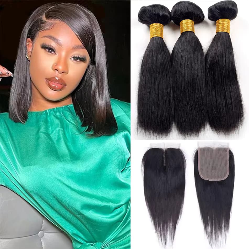 12a malaysische gerade Bündel mit Verschluss 3 Bündel mit Verschluss unverarbeitete jungfräuliche kurze Bob Tissage Bouclé Cheveux Humain