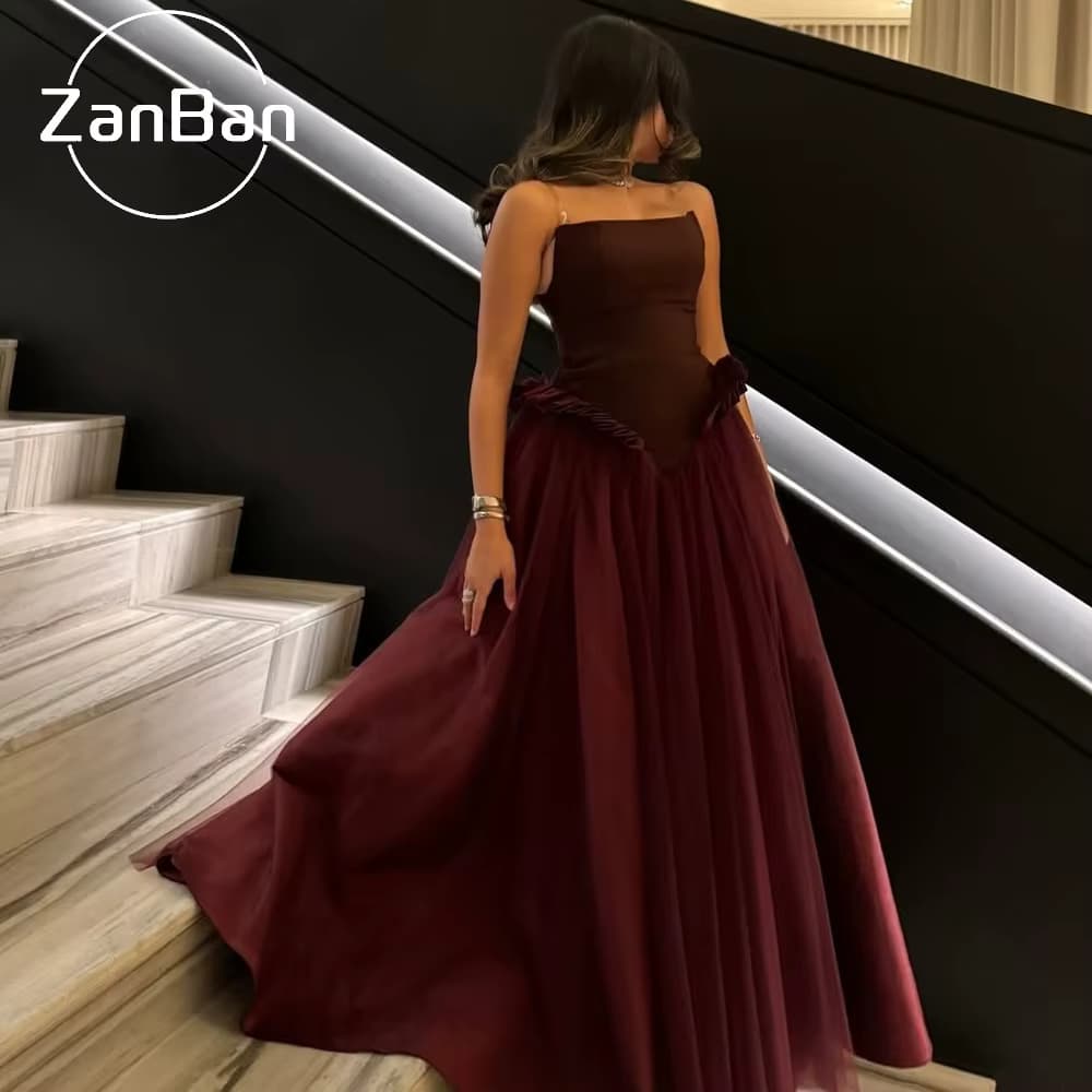 ZanBan Elegantes burgunderfarbenes Spitzen-Abschlussballkleid, trägerlos, ärmellos, Saudi-Arabien, formelles Abendkleid, Rüschen, Vestidos de Festa, maßgeschneidert