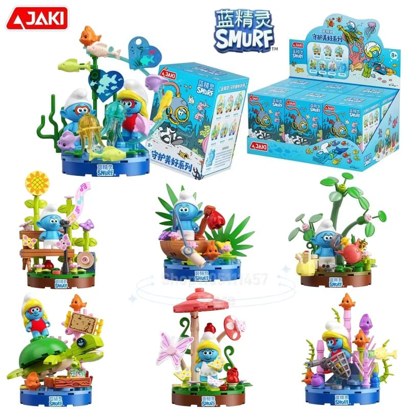 JAKI Schlumpf-Serie Blindbox-Bausteine Anime-Montagemodell zum Schutz der Meereslandschaft, Spielzeug, Desktop-Ornamente, Geschenke