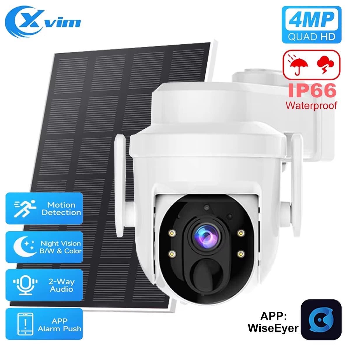 XVIM 4MP Solar-Kamera für den Außenbereich, kabellose WiFi-PTZ-Überwachungskamera, solarbetrieben, Überwachungsschutz, HD-Videomonitor