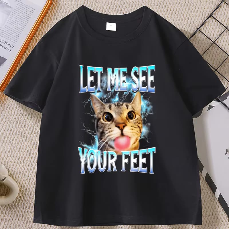 Lustiges Katzen-Meme-T-Shirt mit Aufschrift „Let Me See Your Feet“, lockeres, kurzärmliges, bedrucktes T-Shirt aus Baumwolle mit Rundhalsausschnitt, bequeme Oberteile