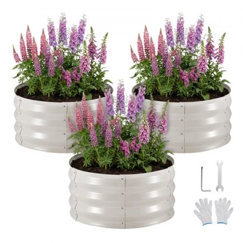 VEVOR Hochbeet Metall 3er-Pack φ60x30 cm, Rundes Gartenbeet, Pflanzkasten-Set für den Außenbereich, Gemüsebeet mit Handschuhen, Blumenbeet Bodenlos, Pflanzbeet für Blumen, Kräuter & Gemüse, Beige