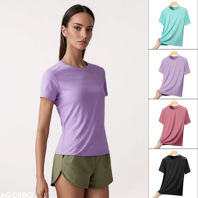 Reflektierendes Lauf-T-Shirt für Damen, hochelastisches, atmungsaktives, schnell trocknendes Sport-Top aus Eisseide, Sommer, kühl, kurzärmelig, aktives T-Shirt