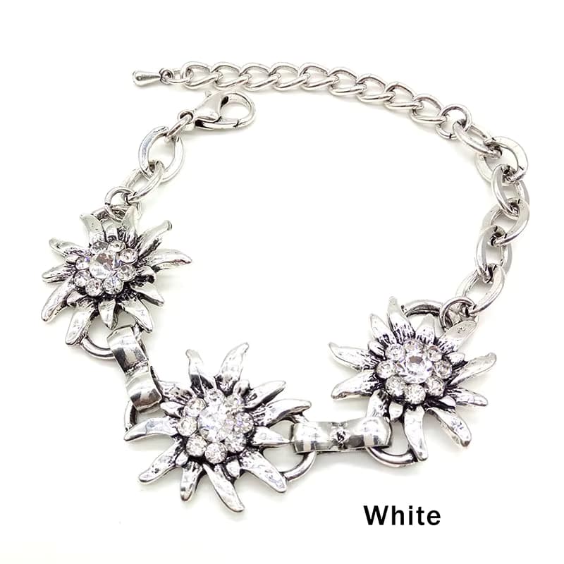 Mode Vintage Silber Farbe Edelweiß Armbänder Frauen glänzende Strass Blumen Armreifen verstellbare Kette Karabiner verschluss