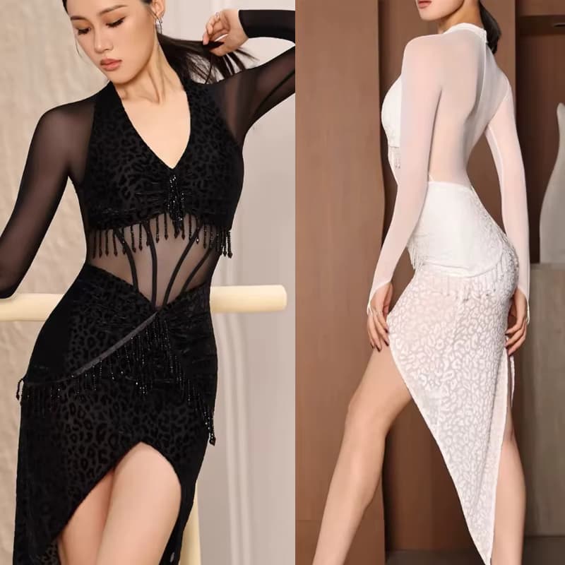 Neues Damen-Lateintanzkleid mit Langen Ärmeln, Sexy V-Ausschnitt und Netzstoff, Cha-Cha-Samba-Tanzkostüm für Erwachsene, Ballsaal-Tanzwettbewerb-Outfit