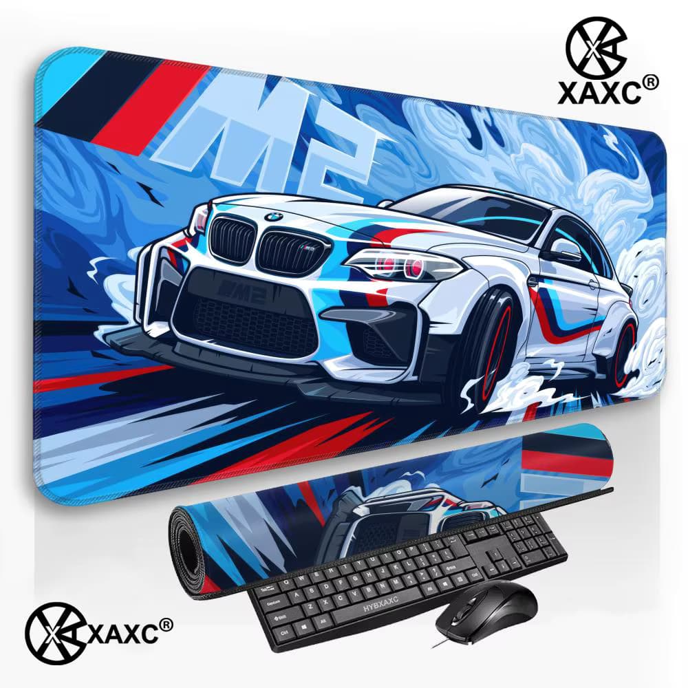 Großes cooles Sportwagen-Mauspad in Blau-Rot für BMW, rutschfeste Gummibasis, Schreibtischunterlage, E-Sport-Mauspad für Büro, Schreibtischunterlage, Teppich XAXC
