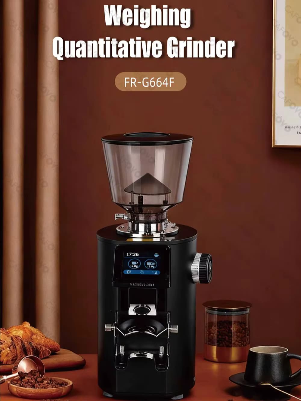 CAFOVO G664F Professionelle Wiege-Quantitative Kaffeemühle, 64 mm flacher Grat, Touchscreen-Espressomühle für Zuhause, Barista