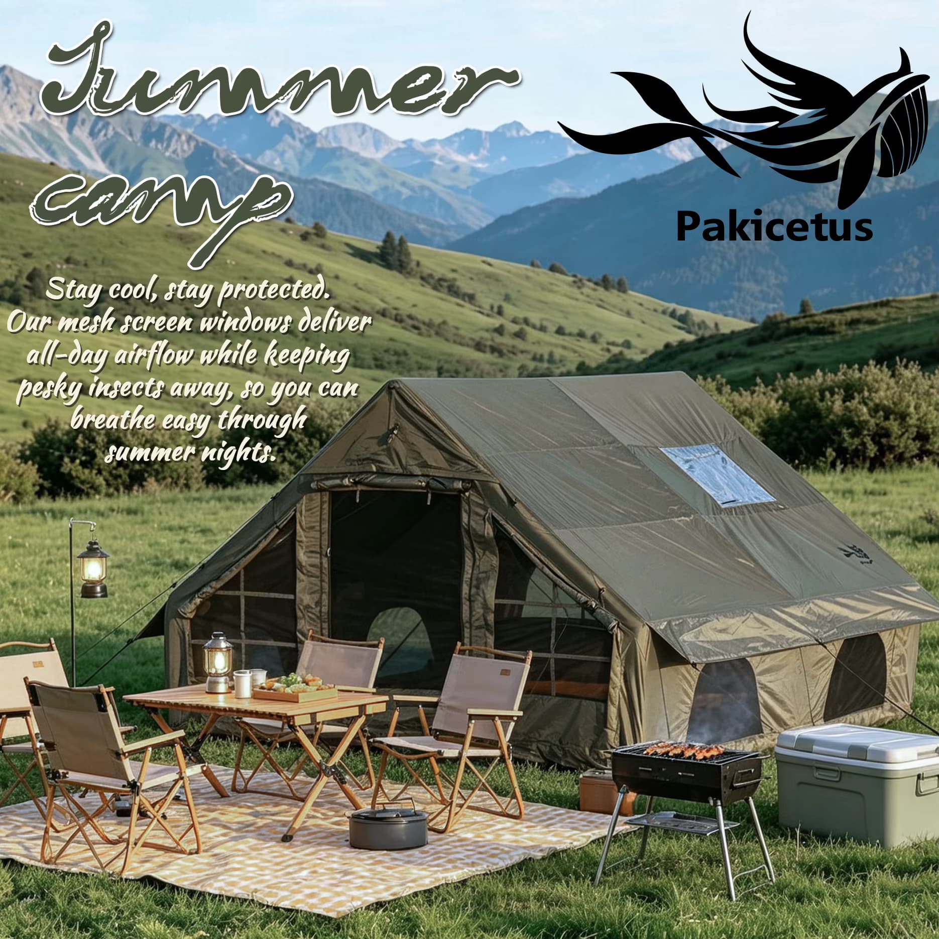 PAKICETUS 12 Quadratmeter XXXL Großes Aufblasbares Campingzelt für 4-8 Personen Ganzjahres-Familienzelt mit Dachfenster für Outdoor-Camping und Wandern