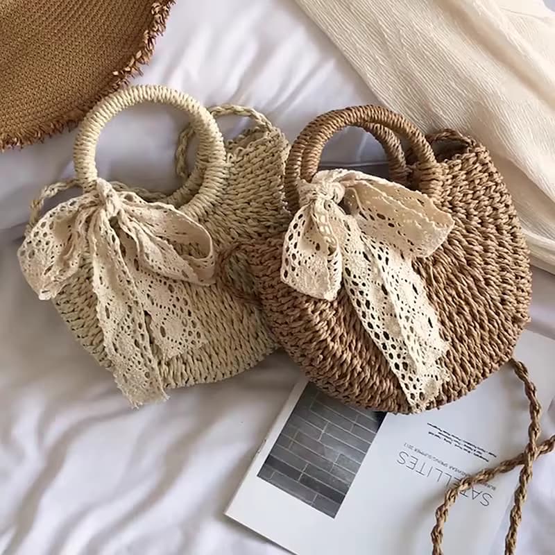 Handgemachte halbrunde Rattan gewebte Strohs ack Sommer Frauen Messenger Umhängetaschen Mädchen kleine Strand handtasche