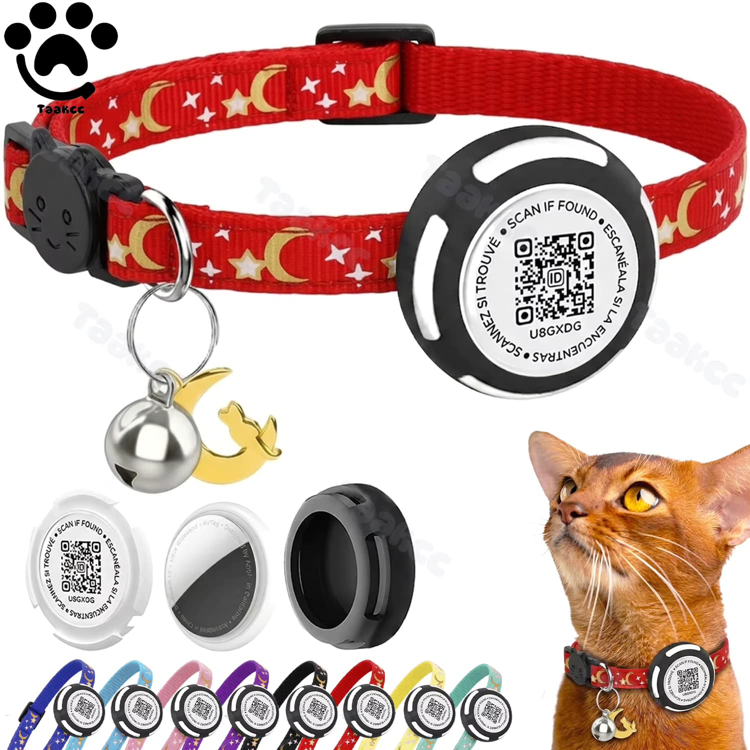 Leuchtendes AirTag Katzenhalsband mit Airtag-Halter & Haustier-Namens-QR-Code für Apple Tracker Doppelter Schutz Haustierhalsband für Kätzchen Welpen