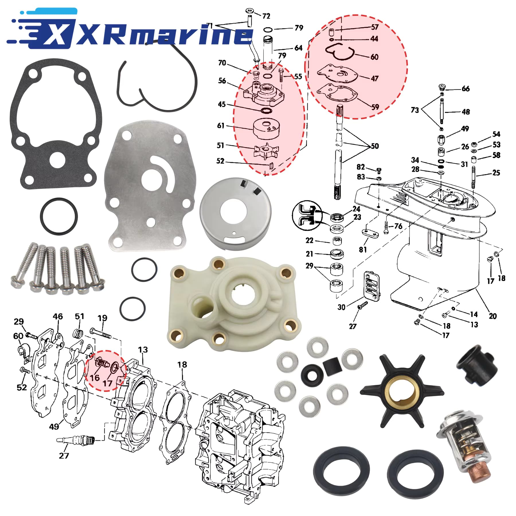 0391636 Reparaturset für Außenbordwasserpumpen mit Thermostat-Kit, passend für Evinrude Johnson 20 25 30 35 PS Motoren 393630 0390344 18-3382