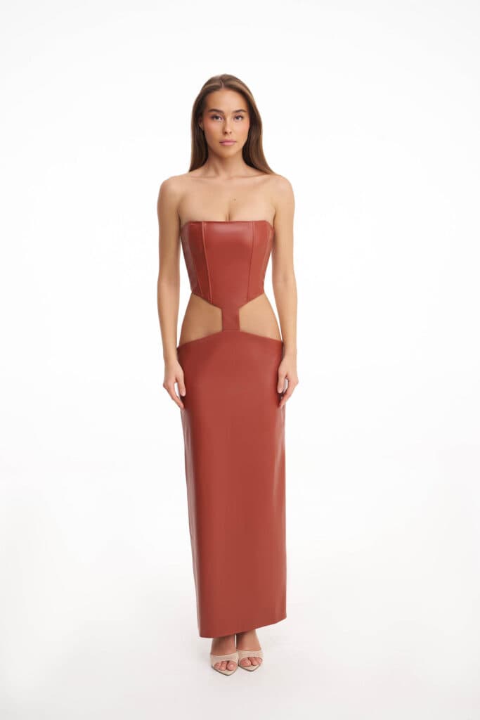 Terracotta corset midi dress with cut-outs. Angebot von LIKA.