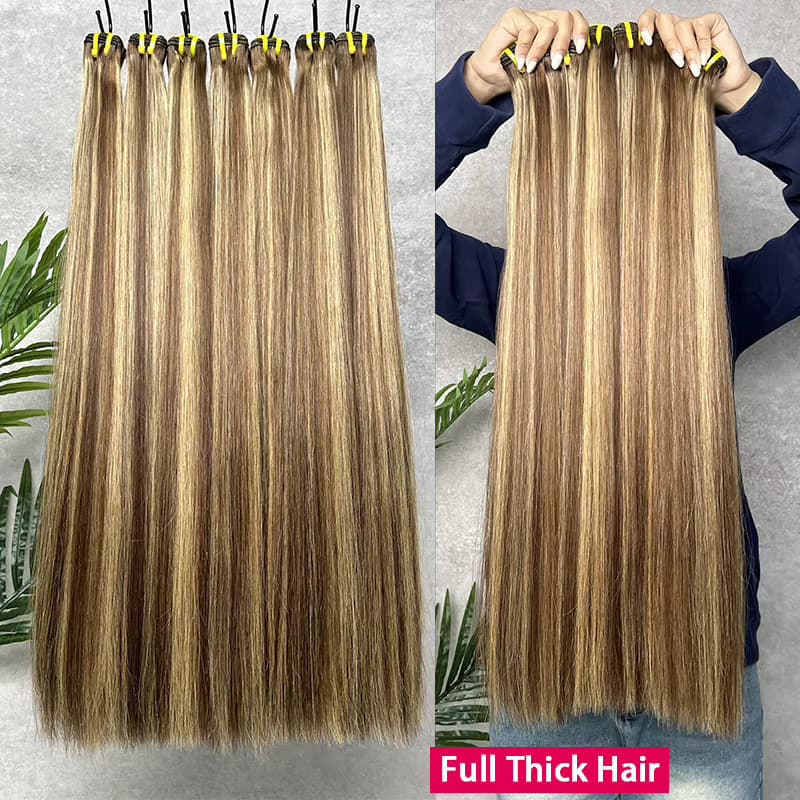# P4/27 Highlight Farbige Doppelt Gezogene Knochenglatte Echthaar-Extensions 100% Unbehandeltes Jungfrauenhaar Ombre Honigblond Braun