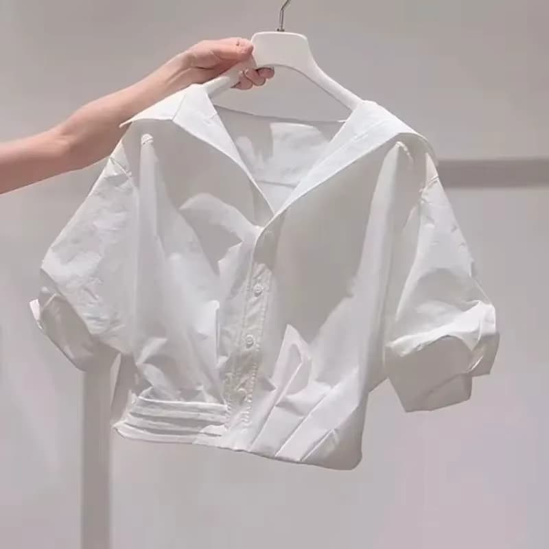Fanan 2026 Sommer Neu Revers-Bluse mit Puffärmeln für Damen – Locker sitzendes Cropped-Top