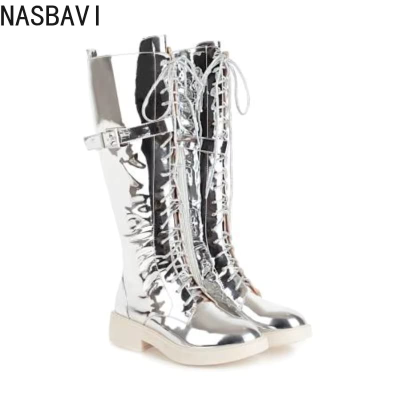 NASBAVI Neue frauen Lange Stiefel Frauen Herbst Runde Kappe Flache Bottes Frau Kniehohe Niedrigen Ferse Casual PU Leder Winter weibliche Schuhe