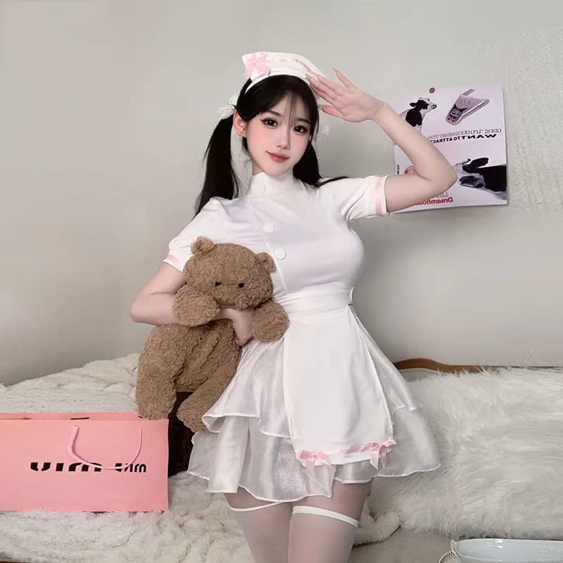 Sexy Süßes Rosa Krankenschwester-Kostüm Cosplay Anime Ausgeschnittenes Schleifenoutfit Niedliche Kostüme Lolita Halloween Karneval Rückenfreier Anzug