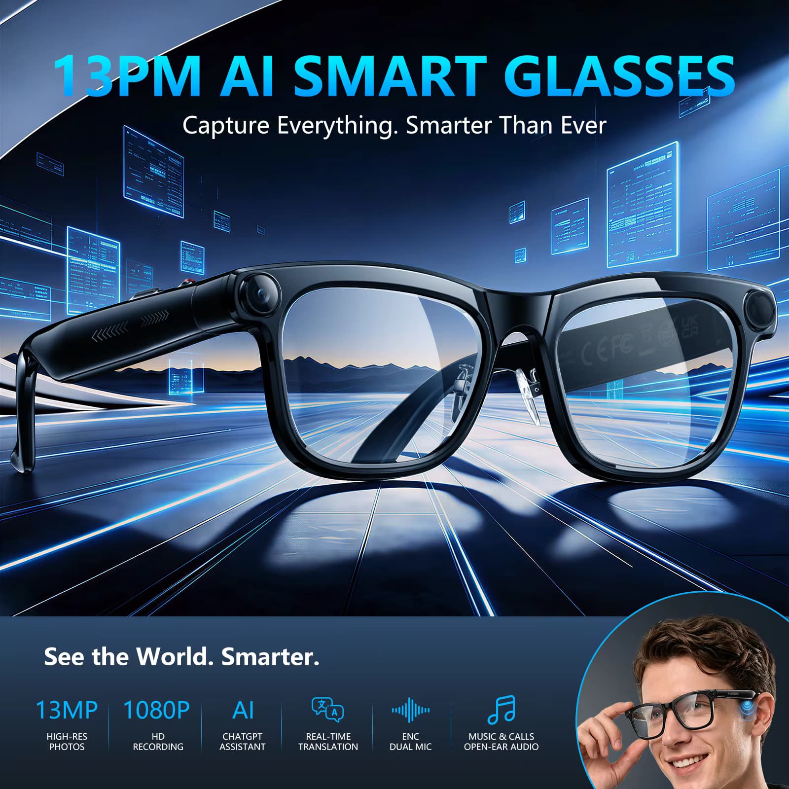 KAIGERR AI Smart-Brille 300mAh 4K 1300W Pixel Kamera Videoaufnahme Fotoerkennung Bluetooth-Anruf Sprachübersetzung Sonnenbrille für Männer und Frauen