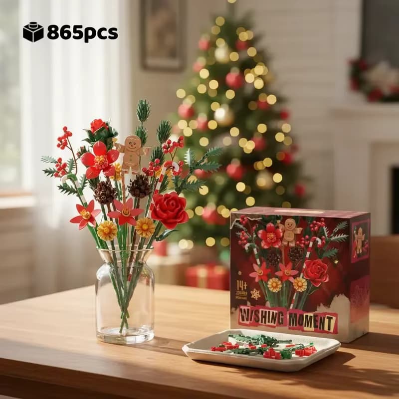 Kreative Feiertagsbausteine, 865 Stück, Blumenstrauß, Rosen, Lebkuchenmann, Desktop-Dekoration, DIY-Handwerk, romantisches Geschenk, Weihnachten, Valentinstag