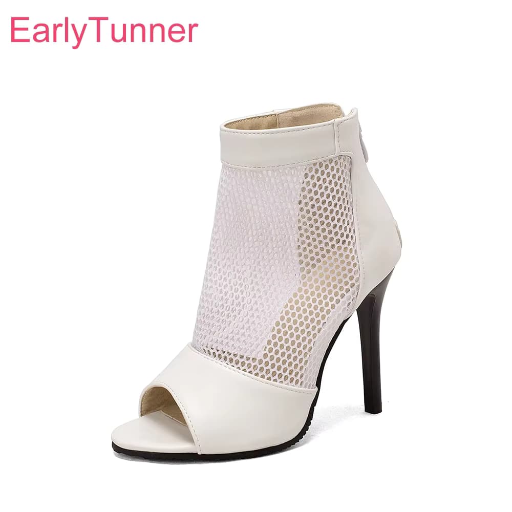 Sexy Weiße Damen Sommerstiefel Sandalen Mesh Hohe Dünne Absätze Damensandalen Plus Große Kleine Größen 11 32 43 46 48 Rückseitiger Reißverschluss