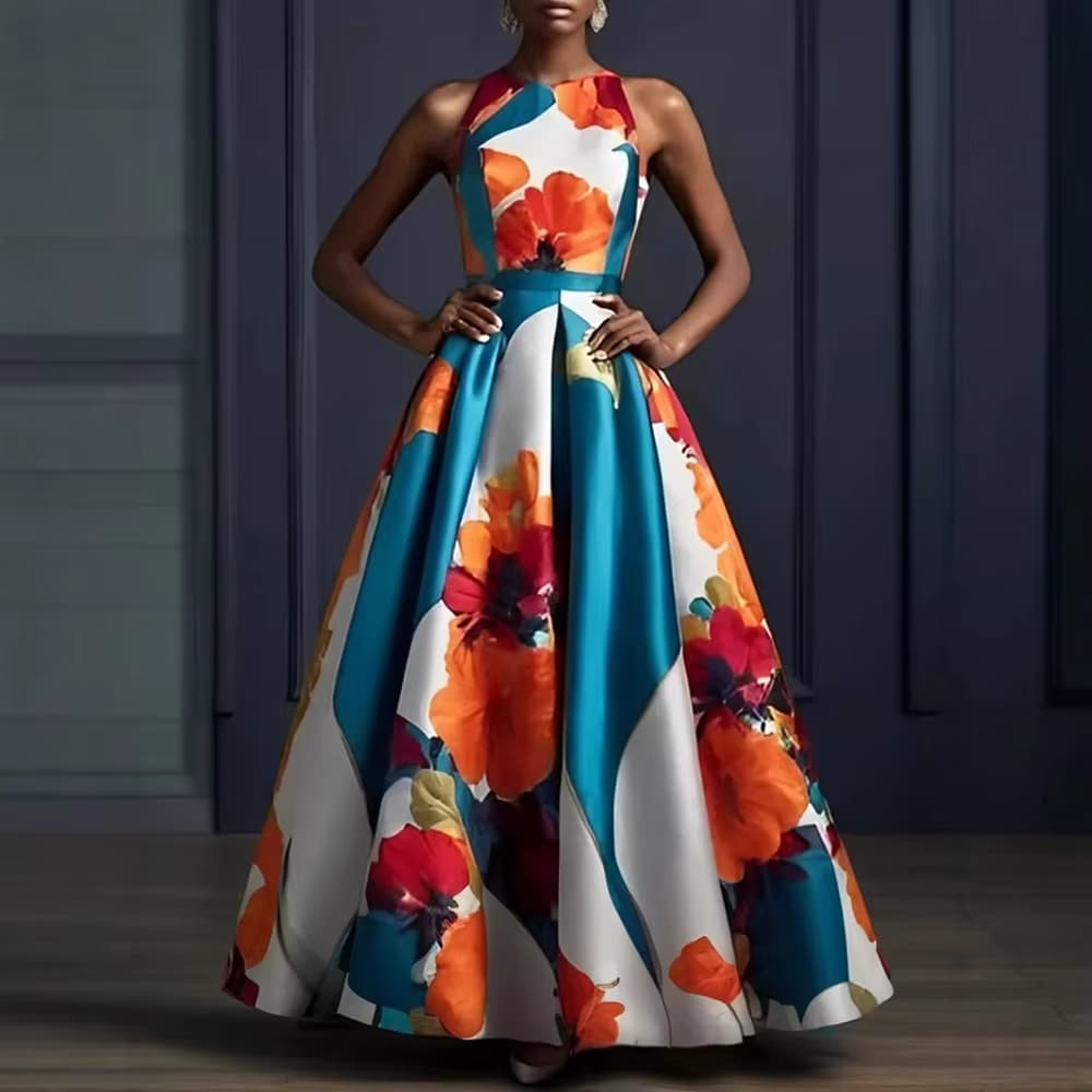 Elegantes Damenkleid mit Blumenmuster, ärmellos, Rundhalsausschnitt, Maxi-Abendkleid, 2025, neue Sommer-Hochzeitskleider mit hoher Taille und schlankem Party-Hochzeitskleid