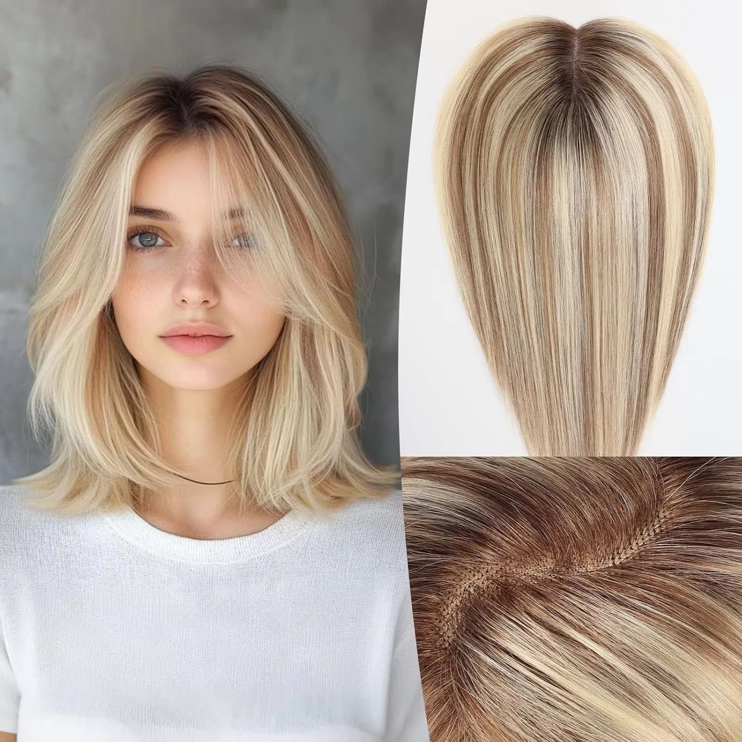 100% Echthaar-Toupets für Frauen Braun mit Blonden Highlights Haartopper 5×6 Zoll Verbesserte Schweizer Spitzenbasis mit 3 Rutschfesten Clips
