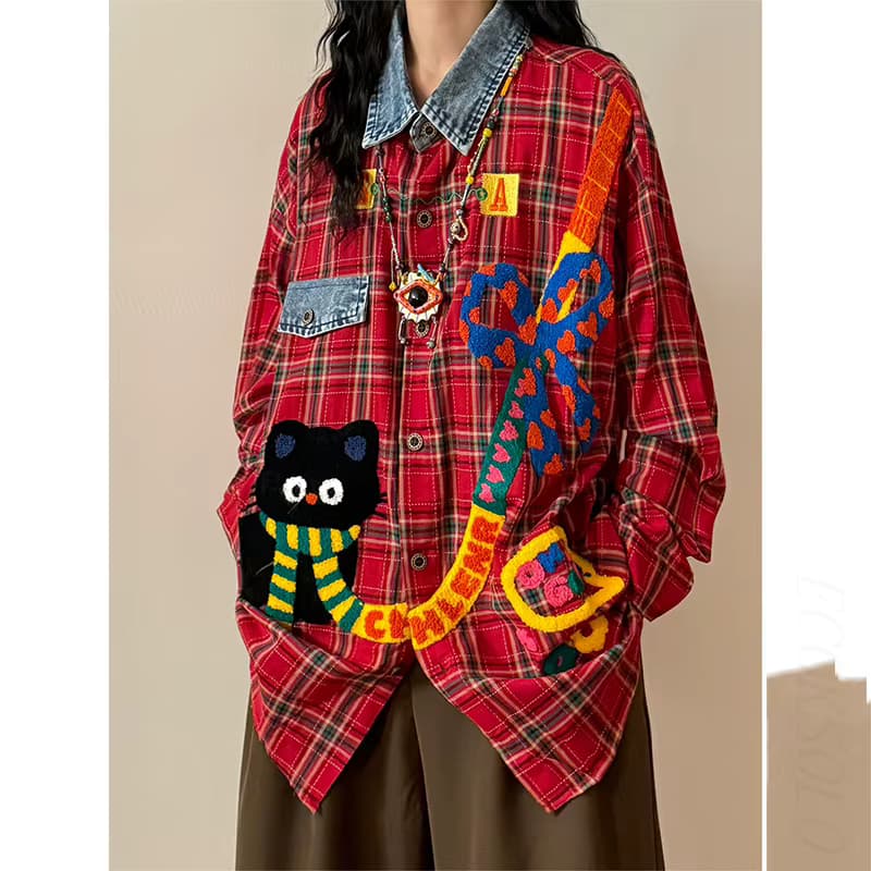Neue Ankunft Herbst Frauen Lose drehen-unten Kragen Langarm Bluse Mode Baumwolle Mischung Denim Gestickte Patchwork Shirts T122