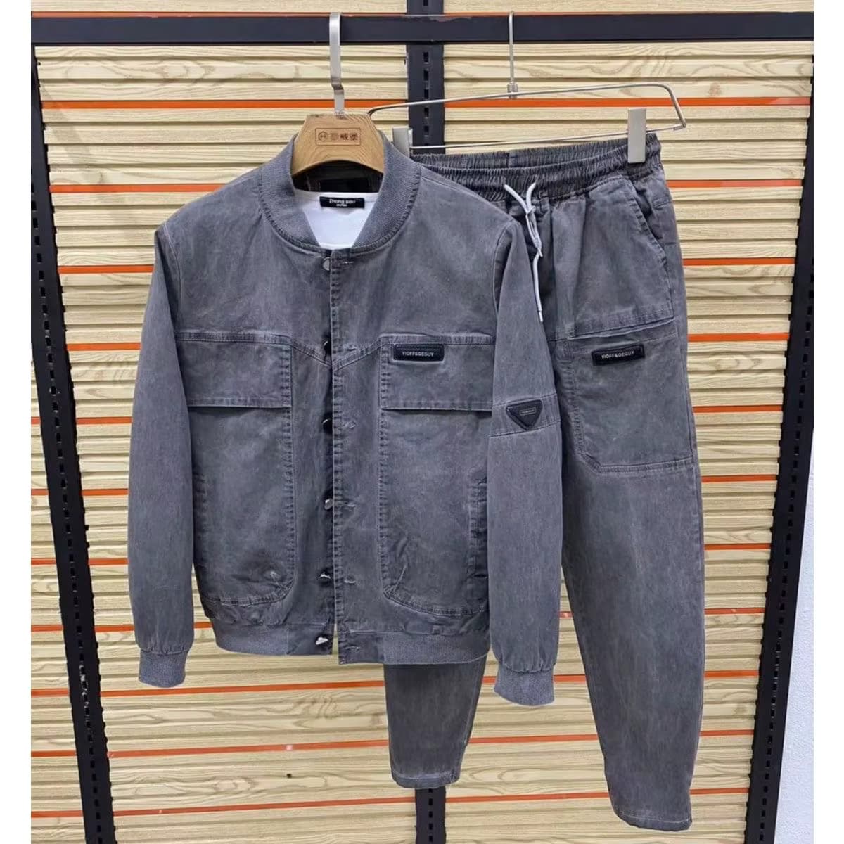 Men's Washed Denim Baseball Collar Two-Piece Set Casual Jacket & Drawstring Jogger Pants
