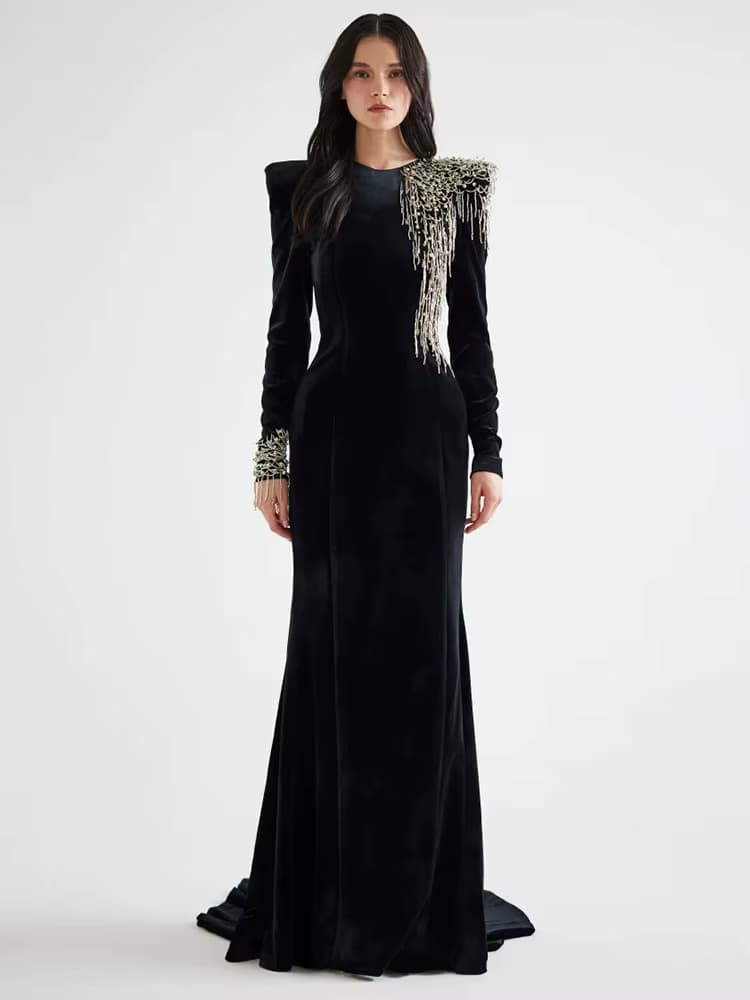 HIGH STREET Neueste Mode 2025, Designer-Maxikleider für Damen, formelles, langärmliges, luxuriöses, perlenbesetztes, langes Maxikleid aus Essigsäure-Samt
