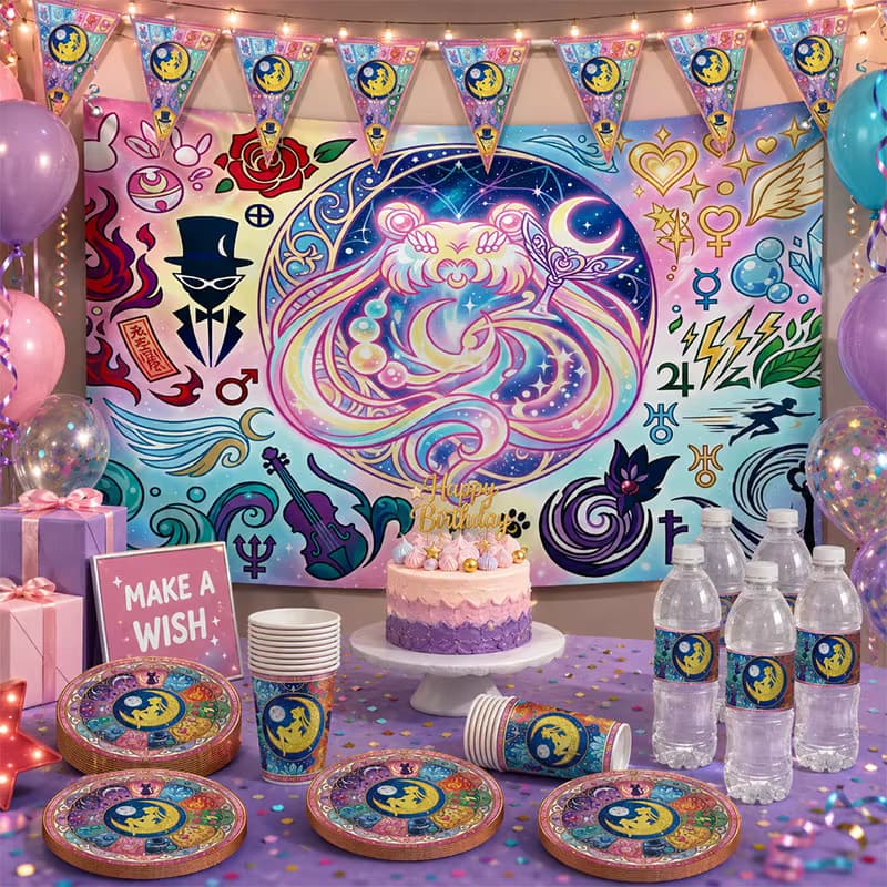 Bunte Sailor Moon Themen-Pappteller, Becher und Strohhalme im Cartoon-Stil für Familienfeiern, Geburtstagspartys und Geschenksets