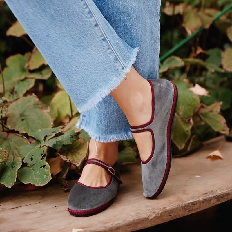 Graue Mary Jeans Flats Schuhe Damen Runde Zehen Handstich Samt Stoffschuhe Damen Lässige weiche bequeme Ballettschuhe Müßiggänger