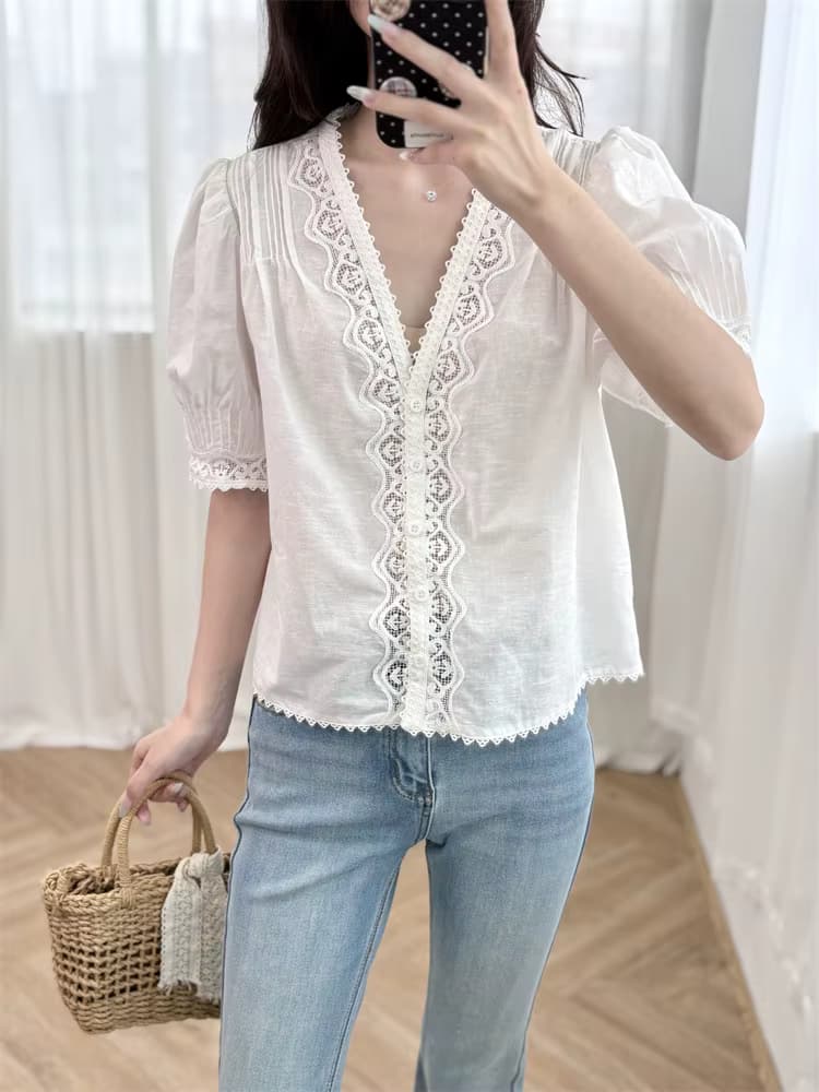 88-94cmBust Sommer Weiße Hemden Tops Damen Französisch Elegant Locker Sexy V-Ausschnitt Stickerei Spitze Patchwork 100% Ramie Dünne Hemden