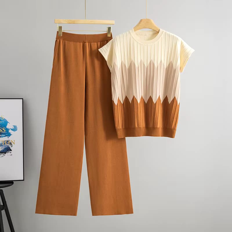 Damen Sommer Mode Kurzarm Rundhals Farbblock Strick-Set Locker Bequeme Weite Hose Zweiteiler