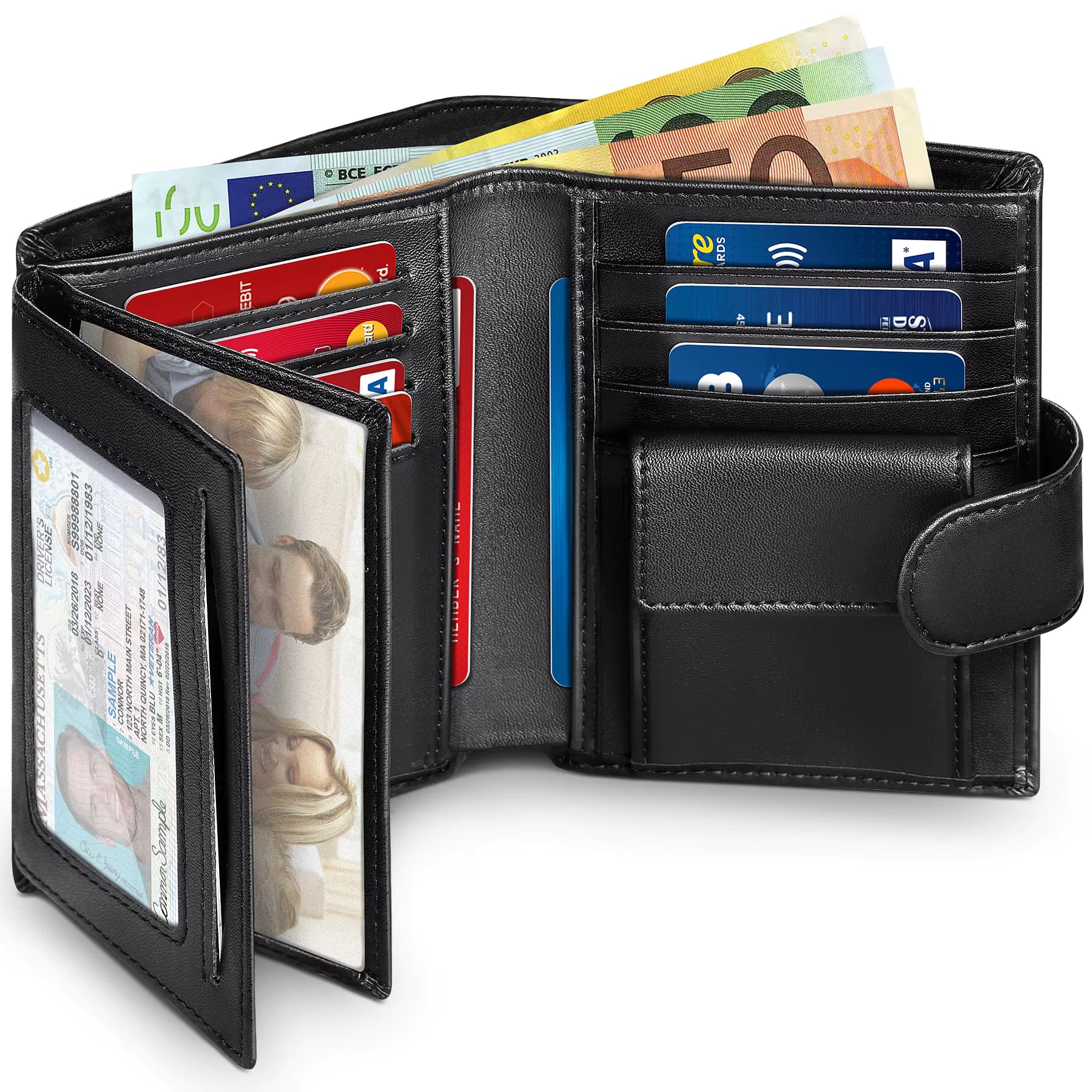 Herren-Geldbörse aus echtem Leder, Business-Geldbörse, RFID-Kartenhalter, transparent, für Fenster, Banknote, Münzfach, Schwarz