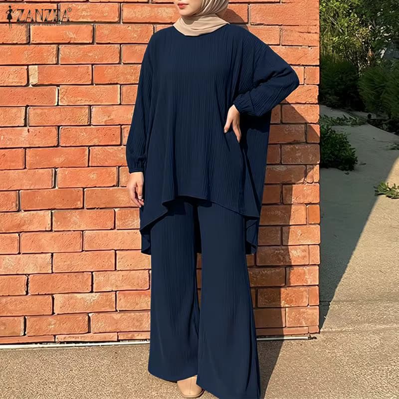 ZANZEA Muslimische Damen 2-teiliges Outfit Lässige Langarm-Oberteile Weite Hosen Sets Abaya Anzug Hijab Trainingsanzug Passende Sets