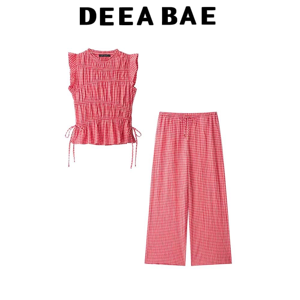 DEEABAE Sommer-Set mit ärmellosem, rundem Ausschnitt, kleinem kariertem Rüschenoberteil und verstellbarer, langen und weit geschnittenen Hose mit Schnürung