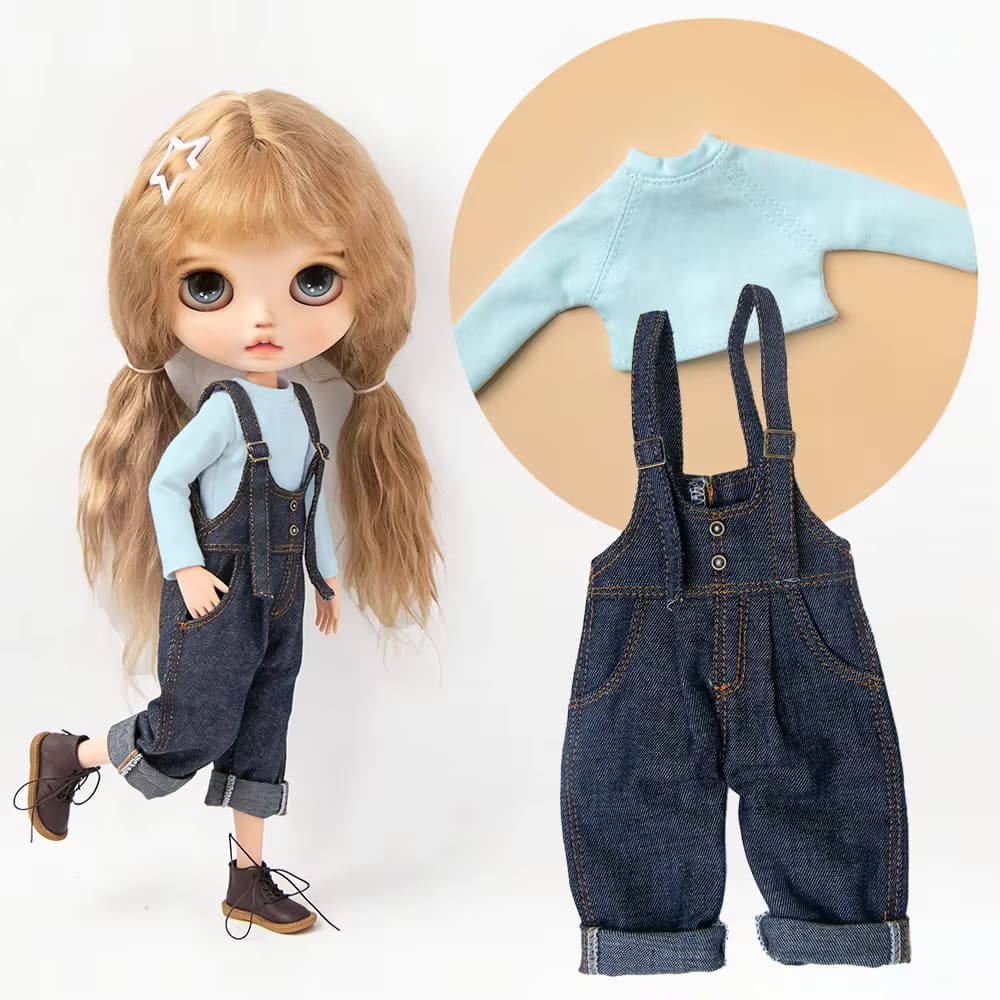 Blyth Puppenkleidung Retro Denim Overall mit Umschlagbund Langarm-T-Shirt Hosen Set Outfit für OB22 YMY Licca Azone Puppenzubehör