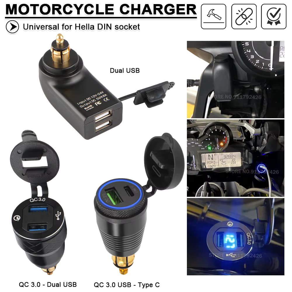 Motorrad USB Ladegerät DIN Hella Buchse QC3.0 Lade Adapter Für BMW G310R G310GS R1200GS R1250GS K1200LT/GT F800GT F900R/XR