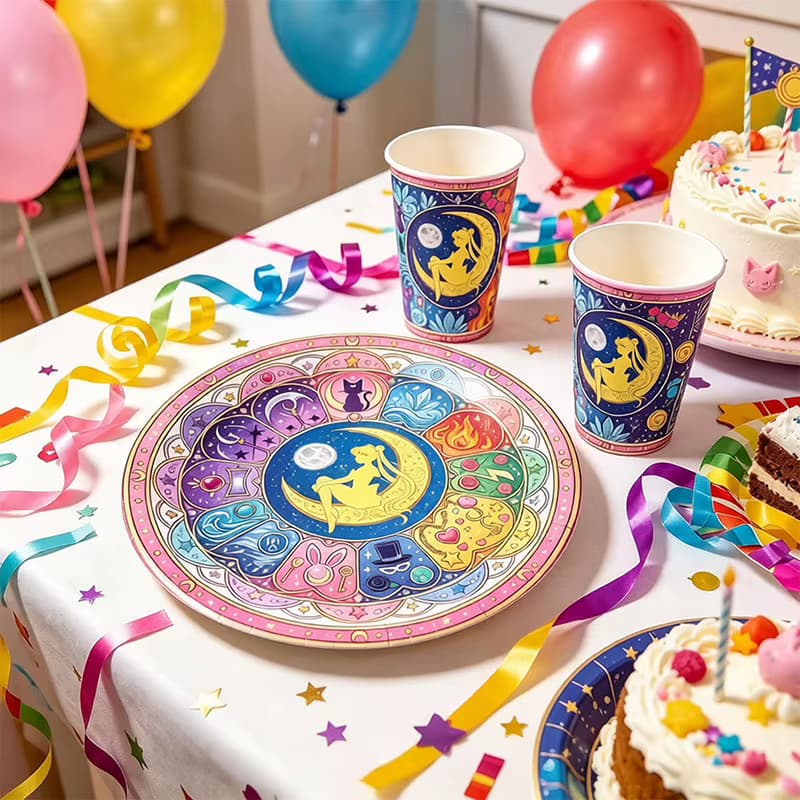 Sailor Moon Party-Deko Einweggeschirr-Set: Tassen, Teller, Flaggen, Strohhalme, Banner, Kuchen-Dekoration für Geburtstage und Themenfeiern