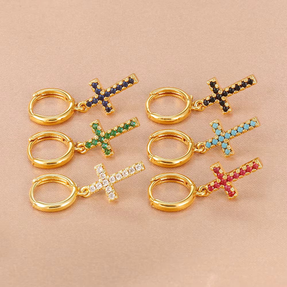 2 Stück modische französische Design-Kreuz-Zirkon-Anhänger-Ohrringe für Damen, 14 Karat vergoldet, elegantes Temperament, koreanischer Modeschmuck