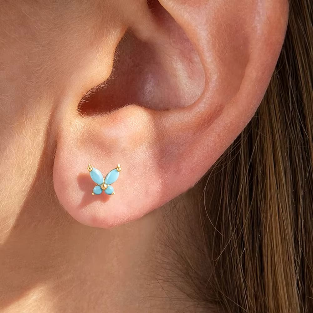 1 Stück Edelstahl-Ohrringe mit blauem Schmetterling und Zirkon für Damen, 14 Karat vergoldet, modisch, mit Schraubverschluss, Verlobungs- und Geburtstagsgeschenk
