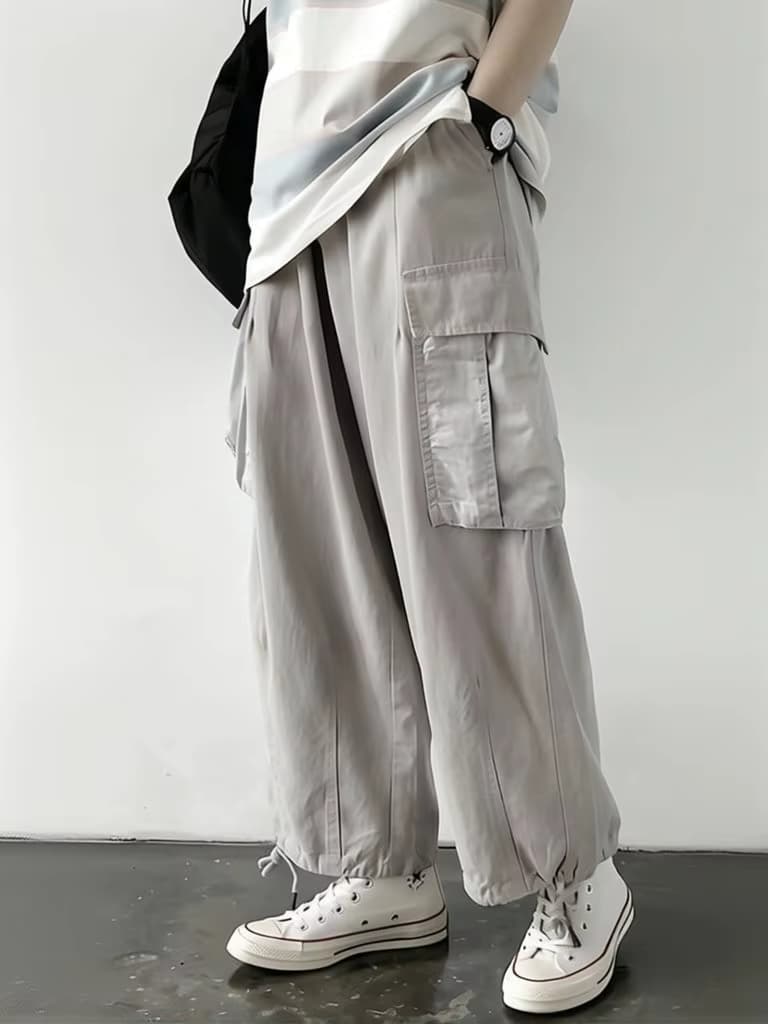 Lose Vintage Herren Weite Hose Japanischer Stil Elastischer Bund Multi-Taschen Cargo Sweatpants Baumwolle Lässige Streetwear Gerade Geschnitten