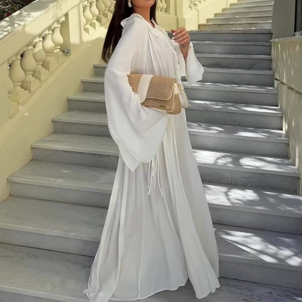 Damen-Kleid mit V-Ausschnitt, Spitze, gerüscht, langes Kleid, weißes Kleid mit weiten langen Ärmeln und Kordelzug an der Taille für Damen, Strand- und Urlaubskleidung 0AMW