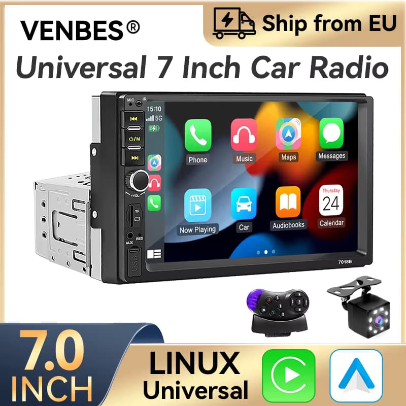 VENBES Autoradio 1 Din 7 Zoll CarPlay Android Auto Mirror Link Wasserdichte Rückfahrkamera BT 5.0 AUX USB TF