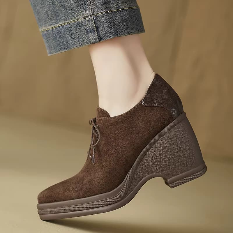 EAGSITY Wildleder-Kuhleder-Plateau-Schuhe mit Keilabsatz, braune Schuhe, Damen-Pumps, hoher Absatz, spitze Zehen, Schnür-Freizeitschuhe, Schuhe