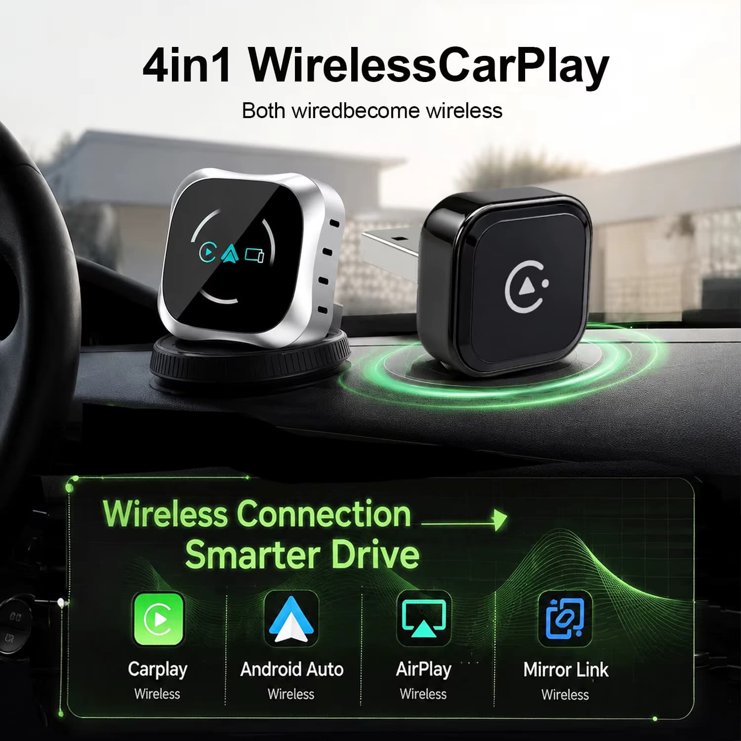 Uhulamb Kabelloses Carplay 4-in-1 AI Smart Box Airplay/Mirror Link/Android Auto/Carplay Adapter Intelligentes Autosystem